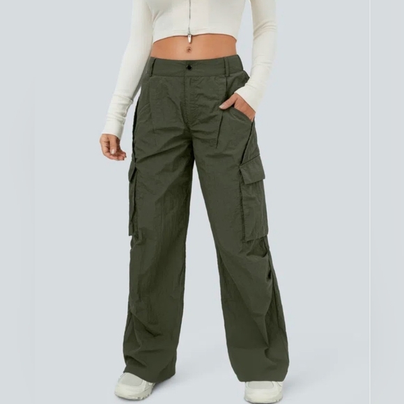 HALARA Pants - HALARA MidRise Button Zipper Side Pocket Wide Leg Casual Cargo Pants Green Large